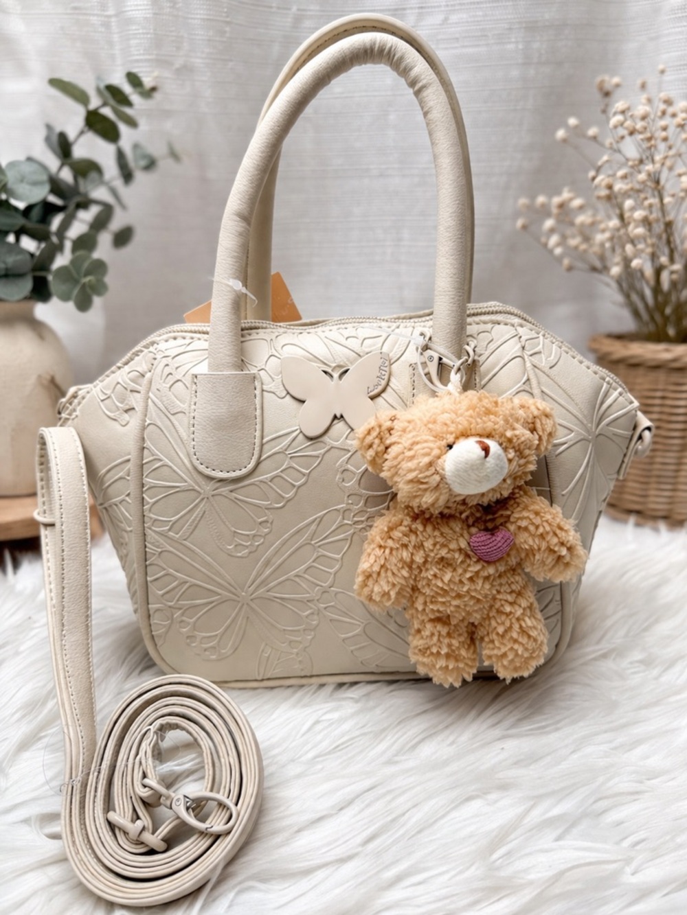Betsey Johnson Cream Teddy Bear Butterfly Mini Satchel Bag